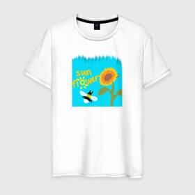 Мужская футболка хлопок с принтом Подсолнух в Петрозаводске, 100% хлопок | прямой крой, круглый вырез горловины, длина до линии бедер, слегка спущенное плечо. | flower | sunflower | подсолнух | цветок | шмель