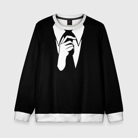 Детский свитшот 3D с принтом Смокинг | Поправляю галстук в Петрозаводске, 100% полиэстер | свободная посадка, прямой крой, мягкая тканевая резинка на рукавах и понизу свитшота | анонимус. | галстук | люди в чёрном | минимализм | рубашка | строгость