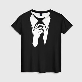 Женская футболка 3D с принтом Смокинг | Поправляю галстук в Петрозаводске, 100% полиэфир ( синтетическое хлопкоподобное полотно) | прямой крой, круглый вырез горловины, длина до линии бедер | анонимус. | галстук | люди в чёрном | минимализм | рубашка | строгость