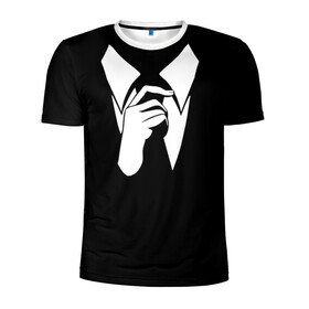 Мужская футболка 3D спортивная с принтом Смокинг | Поправляю галстук в Петрозаводске, 100% полиэстер с улучшенными характеристиками | приталенный силуэт, круглая горловина, широкие плечи, сужается к линии бедра | Тематика изображения на принте: анонимус. | галстук | люди в чёрном | минимализм | рубашка | строгость