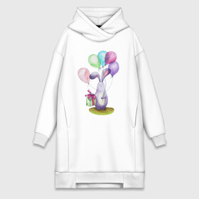 Платье-худи хлопок с принтом Зай с шариками в Петрозаводске,  |  | birthday | bunny | gift | lilac | pink | spring | summer | watercolor | акварель | воздушныешары | деньрождения | зайчик | подарок | праздник | розовый | сиреневый