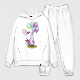 Мужской костюм хлопок OVERSIZE с принтом Зай с шариками в Петрозаводске,  |  | birthday | bunny | gift | lilac | pink | spring | summer | watercolor | акварель | воздушныешары | деньрождения | зайчик | подарок | праздник | розовый | сиреневый