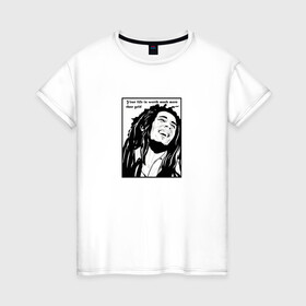 Женская футболка хлопок с принтом Боб Марли в Петрозаводске, 100% хлопок | прямой крой, круглый вырез горловины, длина до линии бедер, слегка спущенное плечо | вокалист | гитарист | композитор | музыкант | портрет | цитата | черно белое