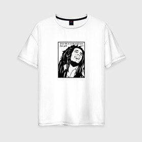 Женская футболка хлопок Oversize с принтом Боб Марли в Петрозаводске, 100% хлопок | свободный крой, круглый ворот, спущенный рукав, длина до линии бедер
 | вокалист | гитарист | композитор | музыкант | портрет | цитата | черно белое