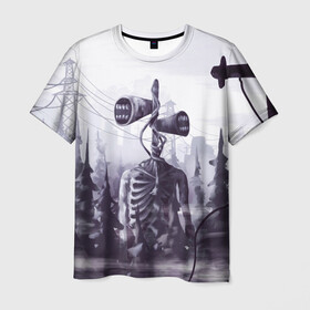 Мужская футболка 3D с принтом СИРЕНОГОЛОВЫЙ В ГОРОДЕ в Петрозаводске, 100% полиэфир | прямой крой, круглый вырез горловины, длина до линии бедер | siren head | игра | монстр | сиреноголовый | существо | хоррор