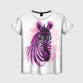 Женская футболка 3D с принтом Зебра акварель 3D в Петрозаводске, 100% полиэфир ( синтетическое хлопкоподобное полотно) | прямой крой, круглый вырез горловины, длина до линии бедер | Тематика изображения на принте: 3d | africa | animal | watercolor | zebra | акварель | африка | дикий | животное | зверь | зебра