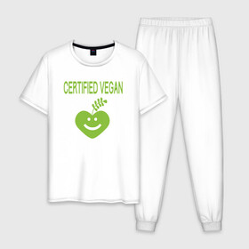 Мужская пижама хлопок с принтом Проверенный веган в Петрозаводске, 100% хлопок | брюки и футболка прямого кроя, без карманов, на брюках мягкая резинка на поясе и по низу штанин
 | green | greenpaece | nature | sport | vegan | yoga | веган | вегетарианец | гринпис | еда | животные | жизнь | здоровье | зеленый | йога | мир | овощи | пища | планета | природа | растение | спорт | тело | фрукты