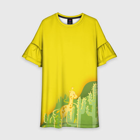 Детское платье 3D с принтом Милый жираф в кактусах в Петрозаводске, 100% полиэстер | прямой силуэт, чуть расширенный к низу. Круглая горловина, на рукавах — воланы | животные | жираф | кактусы | лето | листва | милые | мультик | солнечный | яркий