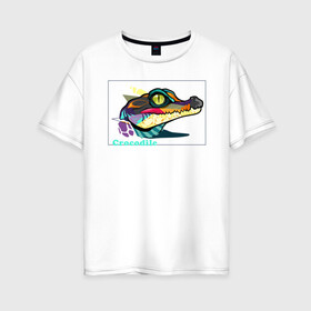 Женская футболка хлопок Oversize с принтом Крокодил  в Петрозаводске, 100% хлопок | свободный крой, круглый ворот, спущенный рукав, длина до линии бедер
 | арт | рисунок | хищник