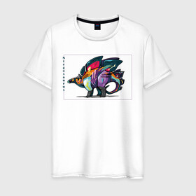 Мужская футболка хлопок с принтом Стегоцефал в Петрозаводске, 100% хлопок | прямой крой, круглый вырез горловины, длина до линии бедер, слегка спущенное плечо. | амфибия | арт | динозавр | рисунок