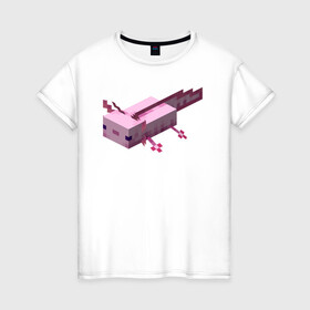 Женская футболка хлопок с принтом Аксолотль | Axolotl в Петрозаводске, 100% хлопок | прямой крой, круглый вырез горловины, длина до линии бедер, слегка спущенное плечо | Тематика изображения на принте: minecraft | аксолотль | морское животное | розовый | рыба
