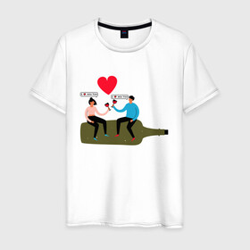 Мужская футболка хлопок с принтом Любовь в Петрозаводске, 100% хлопок | прямой крой, круглый вырез горловины, длина до линии бедер, слегка спущенное плечо. | бутылка | вино | любовь | любовь к вину | пара | сердце