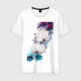 Мужская футболка хлопок с принтом Лотосы и космос в Петрозаводске, 100% хлопок | прямой крой, круглый вырез горловины, длина до линии бедер, слегка спущенное плечо. | акварель | галактика | графика | звезды | космос | лотосы | цветы