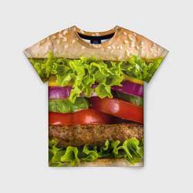 Детская футболка 3D с принтом Бургер в Петрозаводске, 100% гипоаллергенный полиэфир | прямой крой, круглый вырез горловины, длина до линии бедер, чуть спущенное плечо, ткань немного тянется | биг мак | бигмак | бургер | мясо | салат | чизбургер