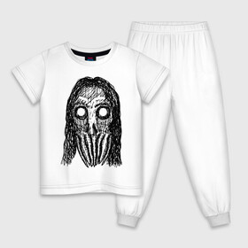 Детская пижама хлопок с принтом Череп с волосами и щупальцами в Петрозаводске, 100% хлопок |  брюки и футболка прямого кроя, без карманов, на брюках мягкая резинка на поясе и по низу штанин
 | dead | halloween | horror | lovecraft | skull | suspense | witch | zombie