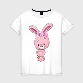 Женская футболка хлопок с принтом Плюшевый зайка в Петрозаводске, 100% хлопок | прямой крой, круглый вырез горловины, длина до линии бедер, слегка спущенное плечо | бант | бантик | животное | зайка | зайчик | заяц | зверь | кролик | сердечко | сердце | уши
