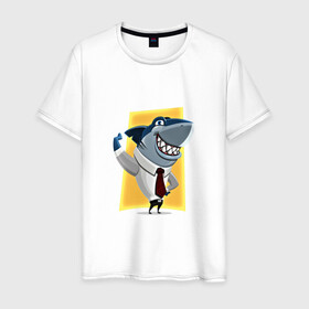Мужская футболка хлопок с принтом Я на деле в Петрозаводске, 100% хлопок | прямой крой, круглый вырез горловины, длина до линии бедер, слегка спущенное плечо. | акула | бизнес | бизнесмен | галстук | зубы | морской | профессионал | рыба | хищник