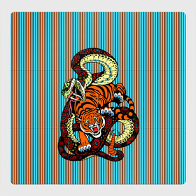 Магнитный плакат 3Х3 с принтом Тигры Змея Полосы в Петрозаводске, Полимерный материал с магнитным слоем | 9 деталей размером 9*9 см | Тематика изображения на принте: beast | fight | snake | tiger | борьба | животные | звери | змеи | зубы | когти | кошки | полосатый | полосы | тигры | узор