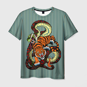 Мужская футболка 3D с принтом Тигры Змея Полосы в Петрозаводске, 100% полиэфир | прямой крой, круглый вырез горловины, длина до линии бедер | Тематика изображения на принте: beast | fight | snake | tiger | борьба | животные | звери | змеи | зубы | когти | кошки | полосатый | полосы | тигры | узор