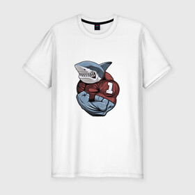 Мужская футболка хлопок Slim с принтом Акула в Петрозаводске, 92% хлопок, 8% лайкра | приталенный силуэт, круглый вырез ворота, длина до линии бедра, короткий рукав | акула | бодибилдер | зубы | морской | первое место | первый | рыба | хищник
