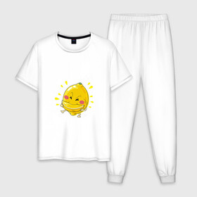 Мужская пижама хлопок с принтом Лимон каннибал  в Петрозаводске, 100% хлопок | брюки и футболка прямого кроя, без карманов, на брюках мягкая резинка на поясе и по низу штанин
 | долька | кислый | лимон | лицо | фрукт | фрукты