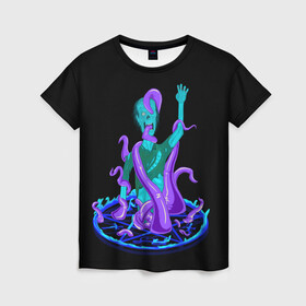 Женская футболка 3D с принтом Пентаграмма в Петрозаводске, 100% полиэфир ( синтетическое хлопкоподобное полотно) | прямой крой, круглый вырез горловины, длина до линии бедер | мертвец | пентаграмма | пламя | синий | тентакли | человек