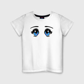 Детская футболка хлопок с принтом Глазки аниме в Петрозаводске, 100% хлопок | круглый вырез горловины, полуприлегающий силуэт, длина до линии бедер | Тематика изображения на принте: anime | baby | blue | cartoon | cute | emoji | emotion | eyes | face | kawaii | аниме | большие глаза | брови | взгляд | глаза | глазки | голубые глаза | детям | зрачок | каваи | кавайный | лицо | малыш | милый взгляд | мультяшный | очи