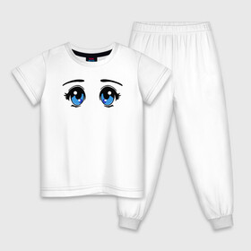 Детская пижама хлопок с принтом Глазки аниме в Петрозаводске, 100% хлопок |  брюки и футболка прямого кроя, без карманов, на брюках мягкая резинка на поясе и по низу штанин
 | Тематика изображения на принте: anime | baby | blue | cartoon | cute | emoji | emotion | eyes | face | kawaii | аниме | большие глаза | брови | взгляд | глаза | глазки | голубые глаза | детям | зрачок | каваи | кавайный | лицо | малыш | милый взгляд | мультяшный | очи