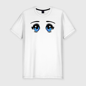 Мужская футболка хлопок Slim с принтом Глазки аниме в Петрозаводске, 92% хлопок, 8% лайкра | приталенный силуэт, круглый вырез ворота, длина до линии бедра, короткий рукав | anime | baby | blue | cartoon | cute | emoji | emotion | eyes | face | kawaii | аниме | большие глаза | брови | взгляд | глаза | глазки | голубые глаза | детям | зрачок | каваи | кавайный | лицо | малыш | милый взгляд | мультяшный | очи