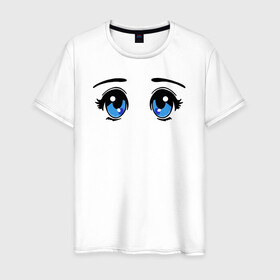 Мужская футболка хлопок с принтом Глазки аниме в Петрозаводске, 100% хлопок | прямой крой, круглый вырез горловины, длина до линии бедер, слегка спущенное плечо. | anime | baby | blue | cartoon | cute | emoji | emotion | eyes | face | kawaii | аниме | большие глаза | брови | взгляд | глаза | глазки | голубые глаза | детям | зрачок | каваи | кавайный | лицо | малыш | милый взгляд | мультяшный | очи