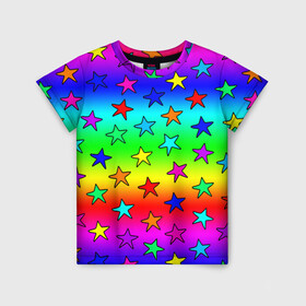 Детская футболка 3D с принтом Радужные звезды в Петрозаводске, 100% гипоаллергенный полиэфир | прямой крой, круглый вырез горловины, длина до линии бедер, чуть спущенное плечо, ткань немного тянется | baby | children | girl | gradient | kids | neon | rainbow | space | stars | градиент | девчачие | девчачье | детские | детский рисунок | звездочки | звезды | космос | красочные | малышам | неоновые | ночные | радуга | разноцветные