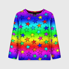 Детский лонгслив 3D с принтом Радужные звезды в Петрозаводске, 100% полиэстер | длинные рукава, круглый вырез горловины, полуприлегающий силуэт
 | baby | children | girl | gradient | kids | neon | rainbow | space | stars | градиент | девчачие | девчачье | детские | детский рисунок | звездочки | звезды | космос | красочные | малышам | неоновые | ночные | радуга | разноцветные