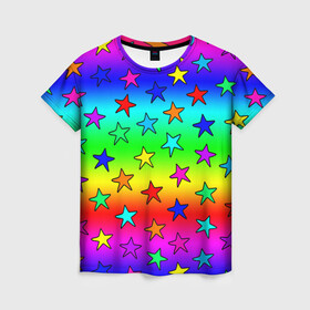 Женская футболка 3D с принтом Радужные звезды в Петрозаводске, 100% полиэфир ( синтетическое хлопкоподобное полотно) | прямой крой, круглый вырез горловины, длина до линии бедер | baby | children | girl | gradient | kids | neon | rainbow | space | stars | градиент | девчачие | девчачье | детские | детский рисунок | звездочки | звезды | космос | красочные | малышам | неоновые | ночные | радуга | разноцветные