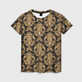 Женская футболка 3D с принтом золотые узоры в Петрозаводске, 100% полиэфир ( синтетическое хлопкоподобное полотно) | прямой крой, круглый вырез горловины, длина до линии бедер | versace | абстракция | версаче | золотые узоры | паттерн | текстуры | узоры