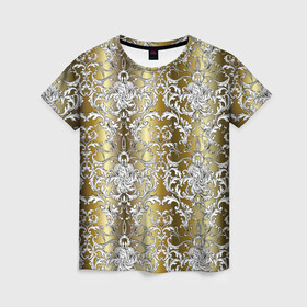 Женская футболка 3D с принтом gold & white в Петрозаводске, 100% полиэфир ( синтетическое хлопкоподобное полотно) | прямой крой, круглый вырез горловины, длина до линии бедер | versace | абстракция | версаче | золотые узоры | паттерн | текстуры | узоры