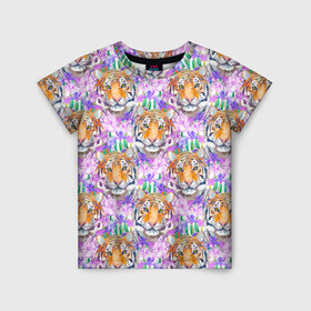 Детская футболка 3D с принтом Тигр в цветах в Петрозаводске, 100% гипоаллергенный полиэфир | прямой крой, круглый вырез горловины, длина до линии бедер, чуть спущенное плечо, ткань немного тянется | абстракция | крупная кошка | паттерн | текстуры | тигр | тигры | узоры