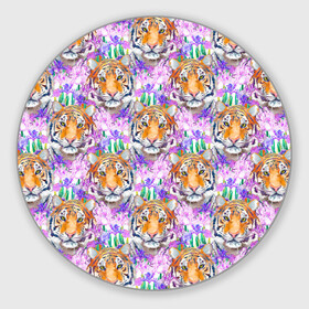 Коврик для мышки круглый с принтом Тигр в цветах в Петрозаводске, резина и полиэстер | круглая форма, изображение наносится на всю лицевую часть | абстракция | крупная кошка | паттерн | текстуры | тигр | тигры | узоры