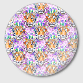Значок с принтом Тигр в цветах в Петрозаводске,  металл | круглая форма, металлическая застежка в виде булавки | Тематика изображения на принте: абстракция | крупная кошка | паттерн | текстуры | тигр | тигры | узоры