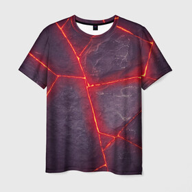 Мужская футболка 3D с принтом ЛАВА ПОД ПЛИТОЙ в Петрозаводске, 100% полиэфир | прямой крой, круглый вырез горловины, длина до линии бедер | лава | неон | плиты | текстура | трещина