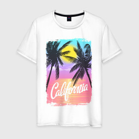 Мужская футболка хлопок с принтом California в Петрозаводске, 100% хлопок | прямой крой, круглый вырез горловины, длина до линии бедер, слегка спущенное плечо. | арт | графика | калифорния | лето | море | пальмы
