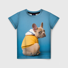 Детская футболка 3D с принтом Собачка на стиле в Петрозаводске, 100% гипоаллергенный полиэфир | прямой крой, круглый вырез горловины, длина до линии бедер, чуть спущенное плечо, ткань немного тянется | Тематика изображения на принте: dog | модель | песик | позирует | собака | фотосессия