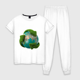 Женская пижама хлопок с принтом Чистая планета в Петрозаводске, 100% хлопок | брюки и футболка прямого кроя, без карманов, на брюках мягкая резинка на поясе и по низу штанин | зеленая планета | переработка | планета | сортировка | сортировка мусора | стрелочки | чистая планета | экология
