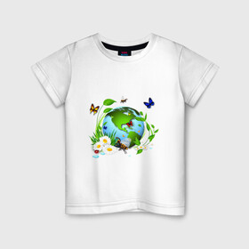 Детская футболка хлопок с принтом Чистая планета в Петрозаводске, 100% хлопок | круглый вырез горловины, полуприлегающий силуэт, длина до линии бедер | бабочка | бабочки | зеленая планета | зелень | земля | листья | оса | планета | пчела | растения | ромашки | цветы | чистая планета | экология