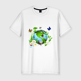 Мужская футболка хлопок Slim с принтом Чистая планета в Петрозаводске, 92% хлопок, 8% лайкра | приталенный силуэт, круглый вырез ворота, длина до линии бедра, короткий рукав | бабочка | бабочки | зеленая планета | зелень | земля | листья | оса | планета | пчела | растения | ромашки | цветы | чистая планета | экология