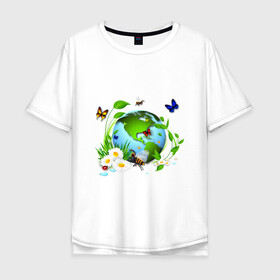 Мужская футболка хлопок Oversize с принтом Чистая планета в Петрозаводске, 100% хлопок | свободный крой, круглый ворот, “спинка” длиннее передней части | бабочка | бабочки | зеленая планета | зелень | земля | листья | оса | планета | пчела | растения | ромашки | цветы | чистая планета | экология