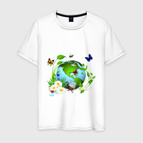Мужская футболка хлопок с принтом Чистая планета в Петрозаводске, 100% хлопок | прямой крой, круглый вырез горловины, длина до линии бедер, слегка спущенное плечо. | бабочка | бабочки | зеленая планета | зелень | земля | листья | оса | планета | пчела | растения | ромашки | цветы | чистая планета | экология
