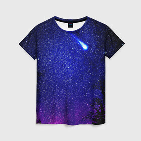 Женская футболка 3D с принтом ПОЛЁТ КОМЕТЫ  в Петрозаводске, 100% полиэфир ( синтетическое хлопкоподобное полотно) | прямой крой, круглый вырез горловины, длина до линии бедер | вселенная | звёзды | комета | млечныйпуть | небо | ночь | сияние
