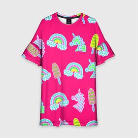 Детское платье 3D с принтом pop it радуга и единорог в Петрозаводске, 100% полиэстер | прямой силуэт, чуть расширенный к низу. Круглая горловина, на рукавах — воланы | pop it | антистресс | детский | единорог | игрушка | лопать | мороженое | поп ит | пупырка | радуга | радужный | разноцветный | розовый | фуксия | шарики