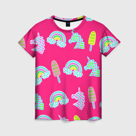 Женская футболка 3D с принтом pop it радуга и единорог в Петрозаводске, 100% полиэфир ( синтетическое хлопкоподобное полотно) | прямой крой, круглый вырез горловины, длина до линии бедер | pop it | антистресс | детский | единорог | игрушка | лопать | мороженое | поп ит | пупырка | радуга | радужный | разноцветный | розовый | фуксия | шарики