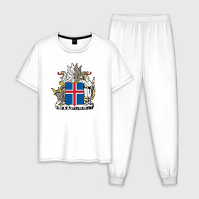Мужская пижама хлопок с принтом Герб Исландии в Петрозаводске, 100% хлопок | брюки и футболка прямого кроя, без карманов, на брюках мягкая резинка на поясе и по низу штанин
 | бык | герб | грифон | дракон | исландии | исландия | коровы | красный | линии | орел | пастух | синий | флаг